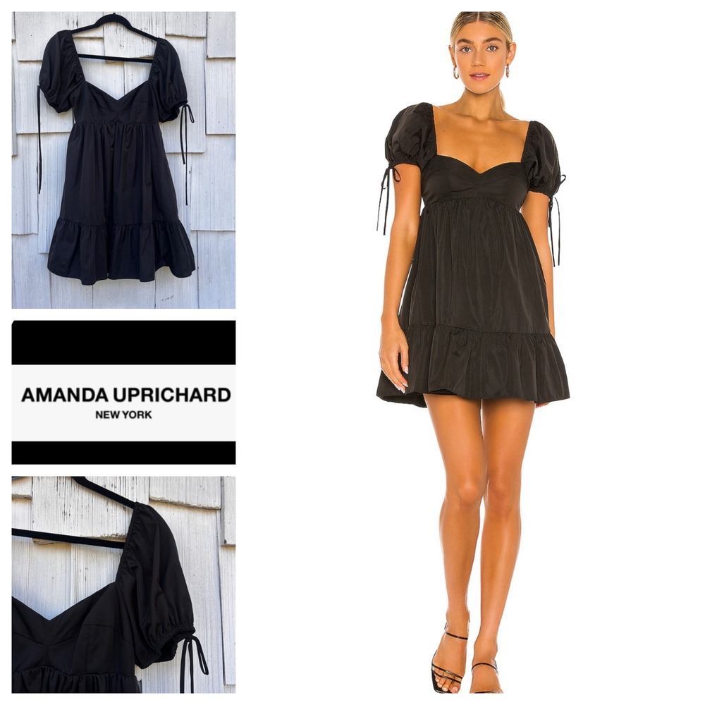 AMANDA UPRICHARD Sicily Mini Dress Black Puff Sleeve Square Neck Tie Womens M‎